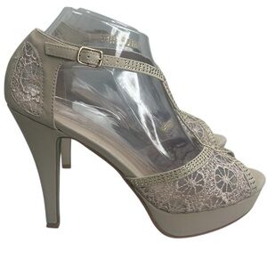 Lust Have HY-5 Womens 8 Cream PeepToe Heels Lace Crochet Platform Crystal Sandal